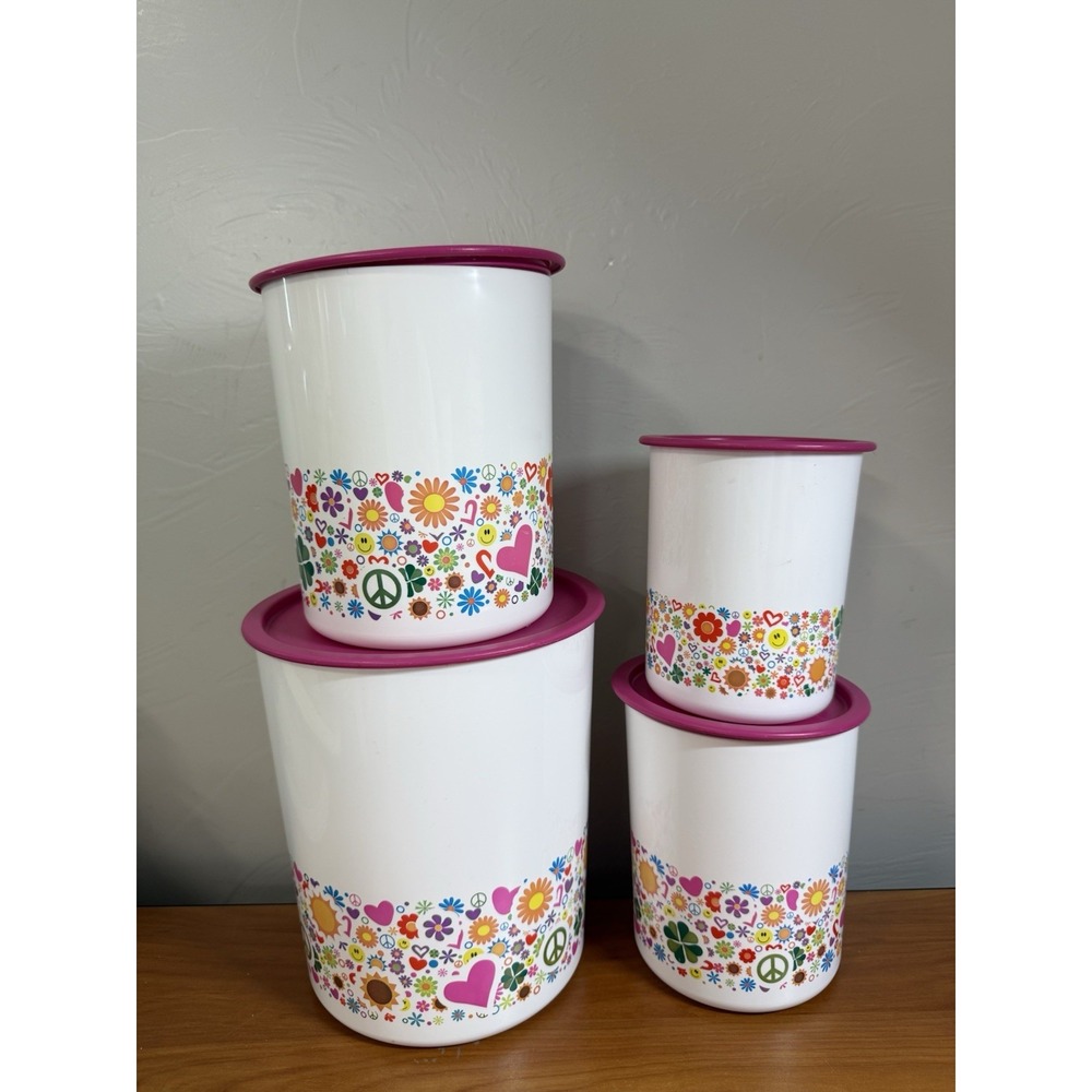 Tupperware One Touch Hippie Groovy Peace Canister Set of 4 White Pink Lids